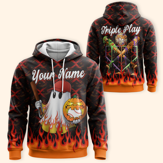 Personalized Baseball Halloween Hoodie – Ghost with Pumpkin & Bat, Custom Name Zip Up, Custom Choo