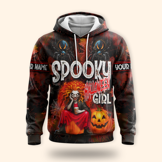 Spooky Halloween Girl Hoodie – Personalized Name Creepy Zip Up Jacket, Custom Choo