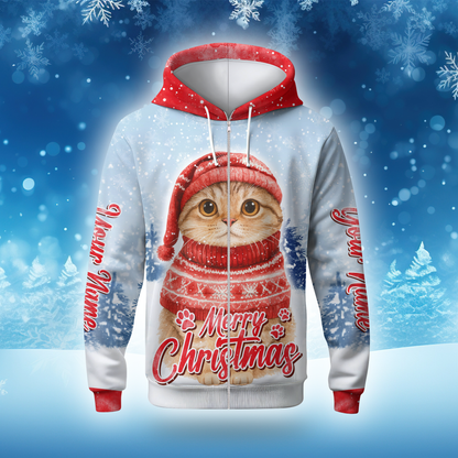 Cute Christmas Cat Hoodie – Merry Christmas Cat in Red Sweater, Personalized Name Gift