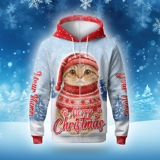 Cute Christmas Cat Hoodie – Merry Christmas Cat in Red Sweater, Personalized Name Gift