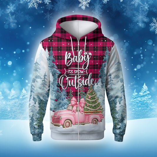 Baby It’s Snow Outside Hoodie – Pink Truck Christmas Zip Up, Winter Holiday Sweater
