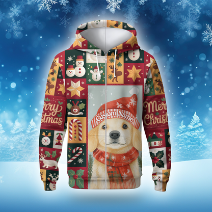 Merry Christmas Dog Hoodie – Golden Retriever in Santa Hat, Personalized Pet Lover Gift