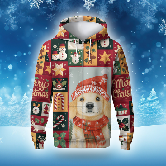 Merry Christmas Dog Hoodie – Golden Retriever in Santa Hat, Personalized Pet Lover Gift
