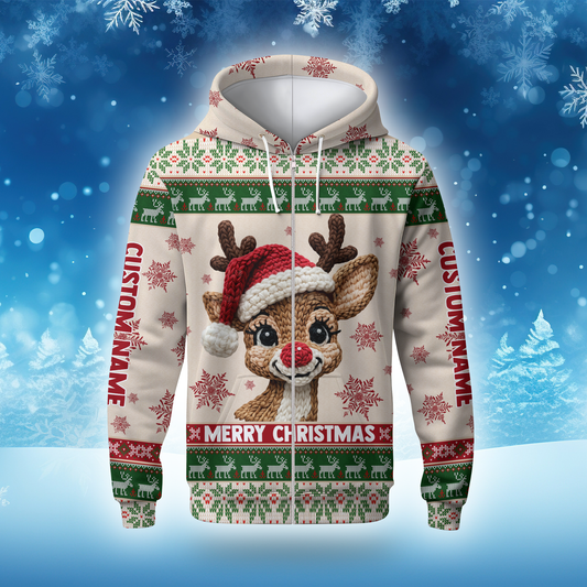 Reindeer Merry Christmas Hoodie – Cute Knitted Pattern Zip Up Holiday Sweater