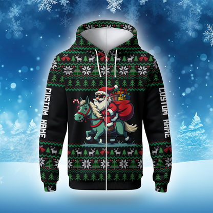 Funny Santa Riding Horse Hoodie – Custom Name Christmas Zip Up, Ugly Sweater Style, Holiday Hoodie for Horse Lovers