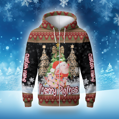 Merry PigMas Hoodie – Cute Pig Christmas Zip Up, Custom Name Funny Holiday Hoodie