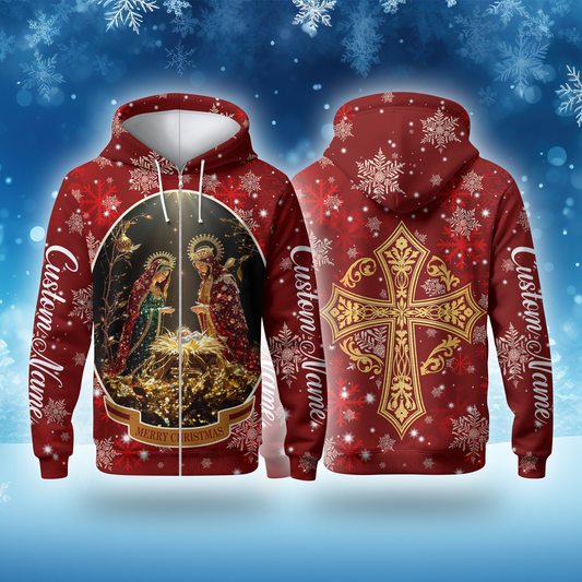 Christian Christmas Hoodie – Nativity Scene and Gold Cross Design, Personalized Faith Gift