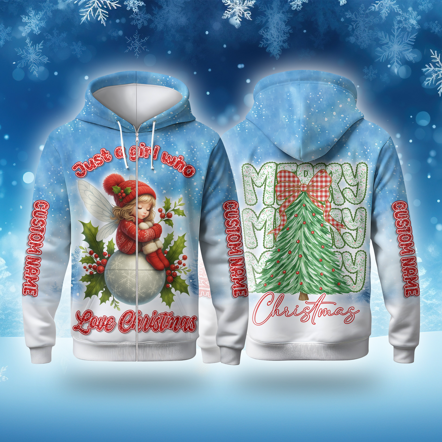 Custom Name Christmas Hoodie – Cute Fairy Snowball Zip Up, Just a Girl Who Loves Christmas Design
