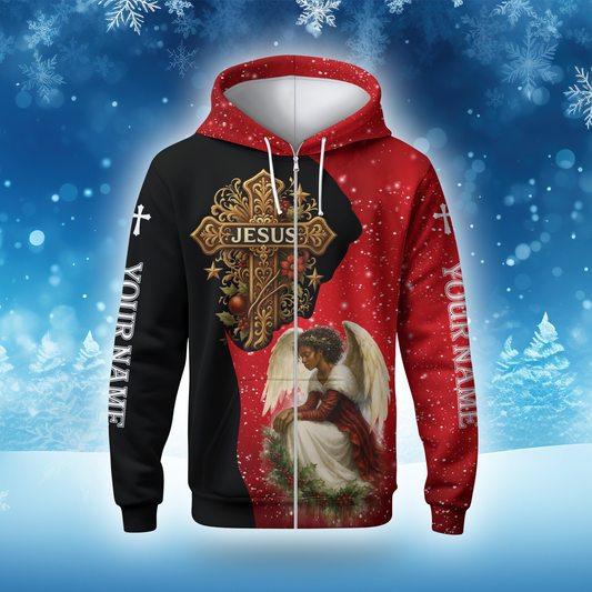 Personalized Jesus Cross Hoodie – Angel Praying Christmas Zip Up