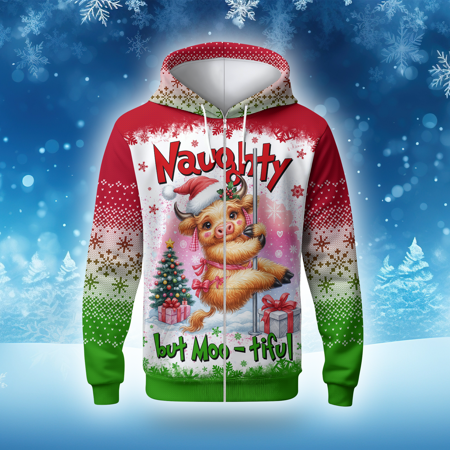 Funny Cow Christmas Hoodie – Naughty but Moo-tiful, Cute Farm Animal Holiday Zip Up Sweater