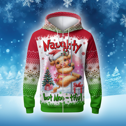 Funny Cow Christmas Hoodie – Naughty but Moo-tiful, Cute Farm Animal Holiday Zip Up Sweater