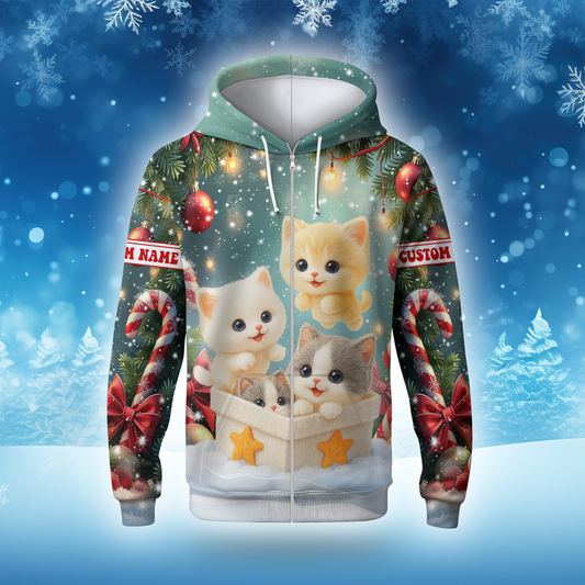 Cute Christmas Cat Hoodie – Kittens in Gift Box Holiday Zip Up