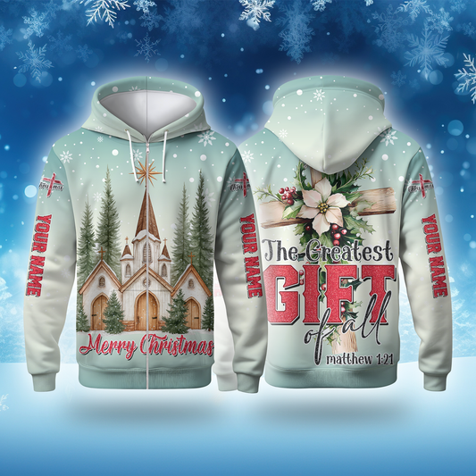 Christian Christmas Hoodie – The Greatest Gift of All Matthew 1:21, Personalized Faith Hoodie