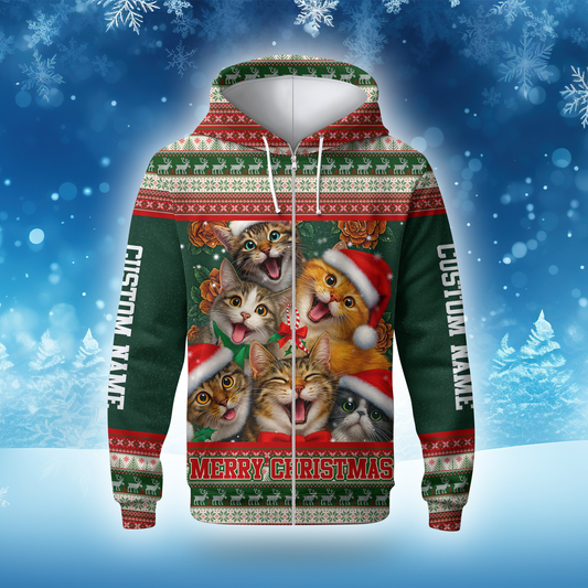 Christmas Cat Hoodie – Cute Cats in Santa Hats, Custom Name Zip Up, Funny Holiday Hoodie