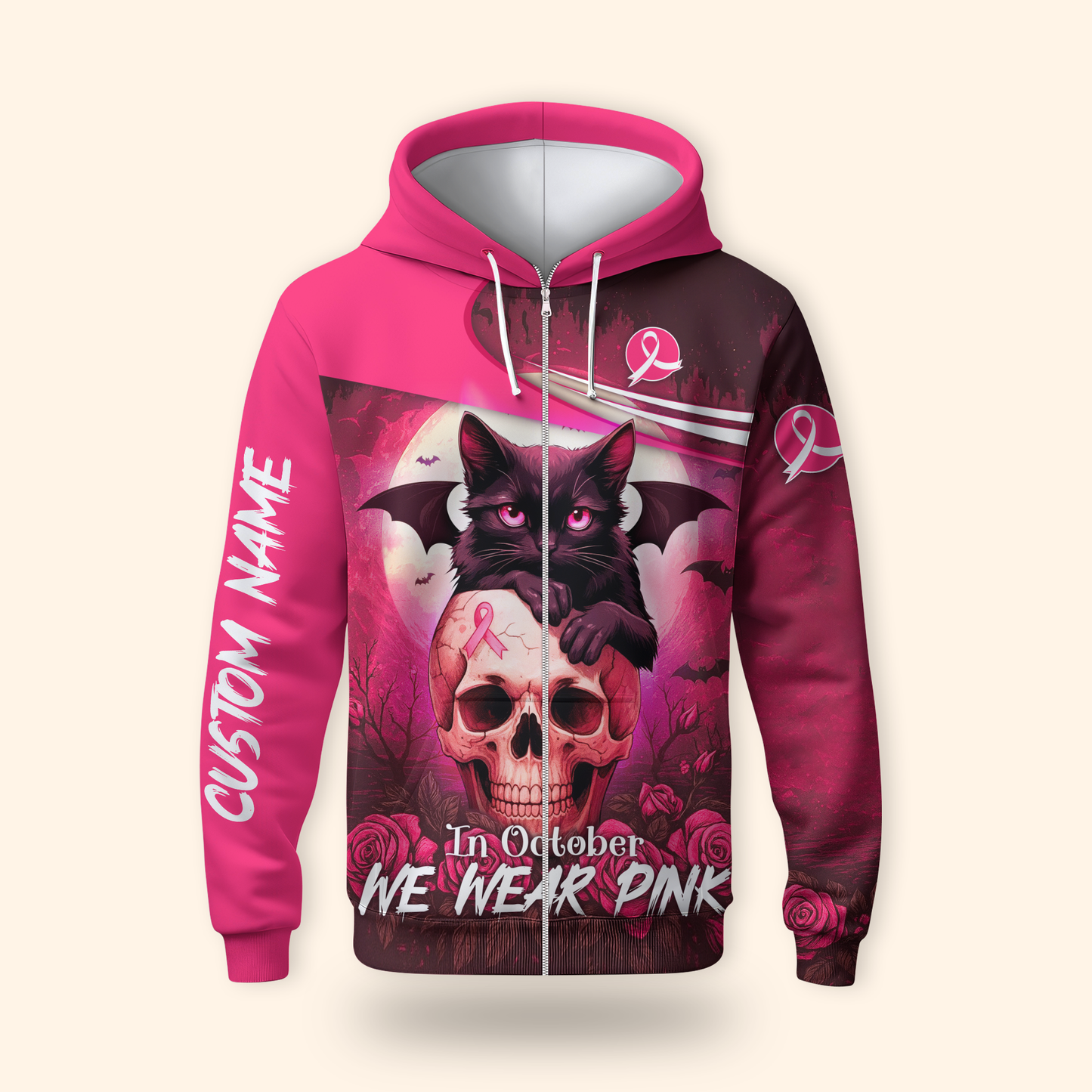 Custom Name "In October We Wear Pink" Black Cat Skull - Breast Cancer Awareness Shirt