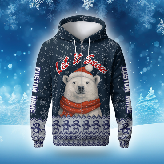 Let It Snow Hoodie – Cute Polar Bear Christmas Hoodie, Personalized Name Winter Gift