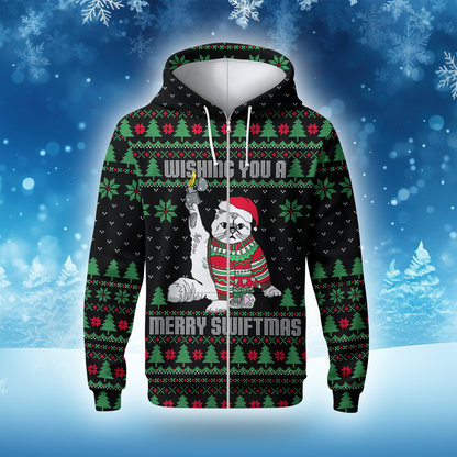 Funny Cat Christmas Hoodie – Wishing You a Merry Swiftmas, Ugly Sweater Style Zip Up, Holiday Hoodie for Cat Lovers