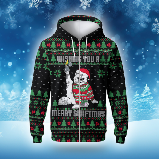 Funny Cat Christmas Hoodie – Wishing You a Merry Swiftmas, Ugly Sweater Style Zip Up, Holiday Hoodie for Cat Lovers