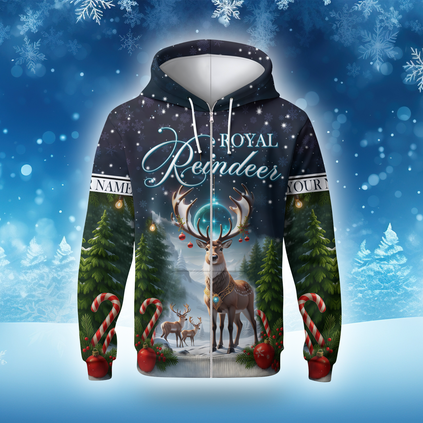 Royal Reindeer Christmas Hoodie – Elegant Winter Wonderland Zip Up