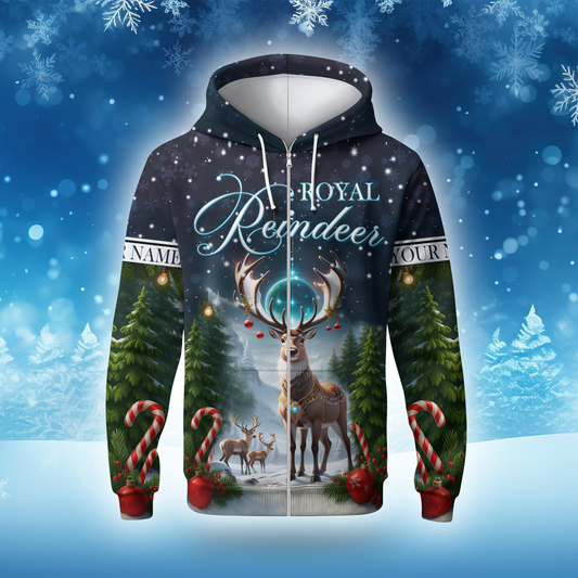 Royal Reindeer Christmas Hoodie – Elegant Winter Wonderland Zip Up
