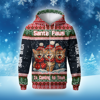 Santa Paws Is Coming to Town Hoodie – Personalized Christmas Cat Hoodie for Cat Lovers