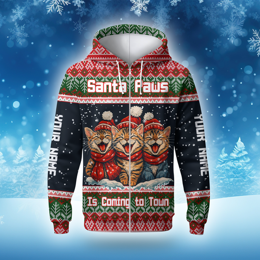 Santa Paws Is Coming to Town Hoodie – Personalized Christmas Cat Hoodie for Cat Lovers