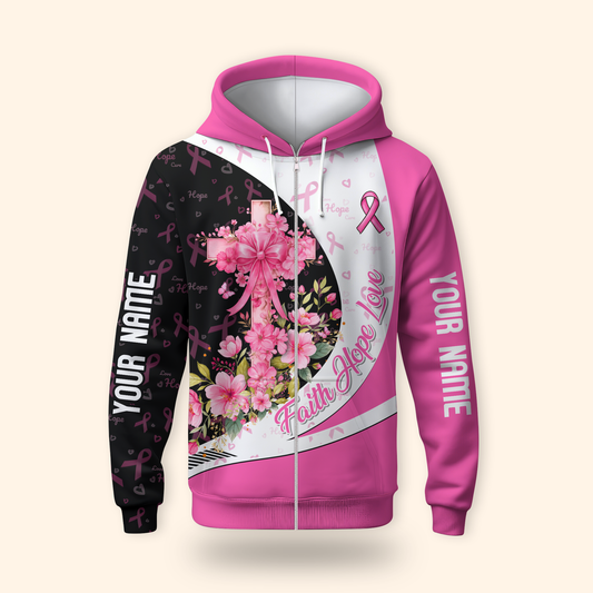 Personalized Breast Cancer Awareness "Faith Hope Love" Floral Cross Shirt