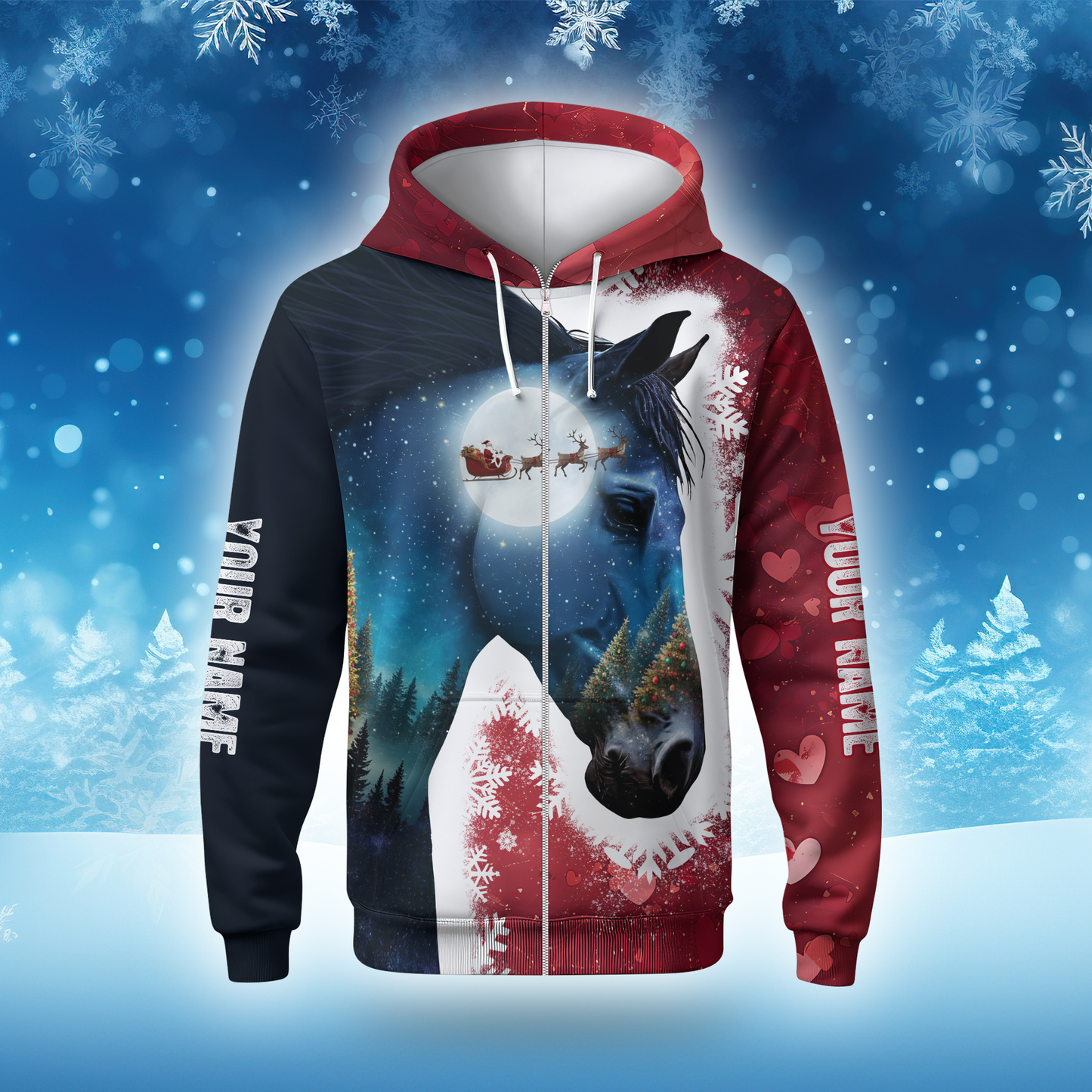 Personalized Horse Christmas Hoodie – Custom Name Zip Up, Winter Moonlight Horse & Santa Sleigh Sweatshirt Gift