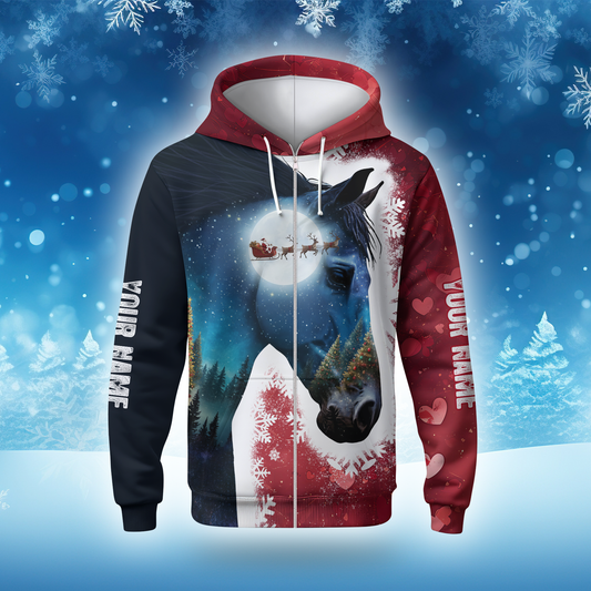 Personalized Horse Christmas Hoodie – Custom Name Zip Up, Winter Moonlight Horse & Santa Sleigh Sweatshirt Gift