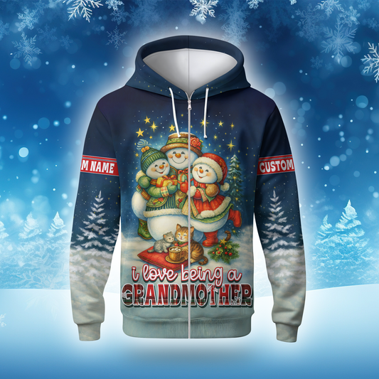 Personalized Christmas Hoodie – I Love Being a Grandmother, Snowman Family Zip Up Gift, Custom Choo
