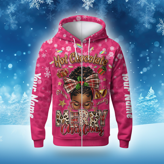 Hot Chocolate Merry Christmas Hoodie – Personalized Holiday Zip Up