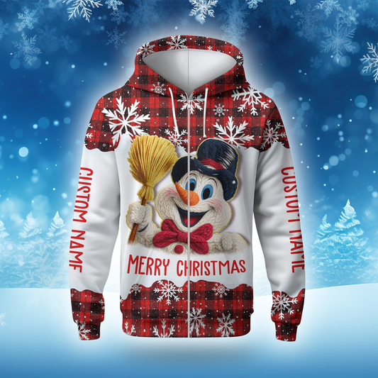 Merry Christmas Snowman Hoodie – Cute Plaid Red Winter Zip Up