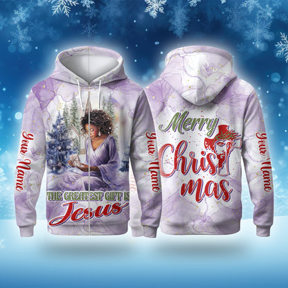 The Greatest Gift Is Jesus Hoodie – Christian Christmas Zip Up, Black Queen Faith Hoodie, Custom Name Design
