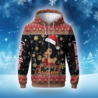 Personalized Black Girl Christmas Hoodie – Merry Christmas Santa Hat Zip Up
