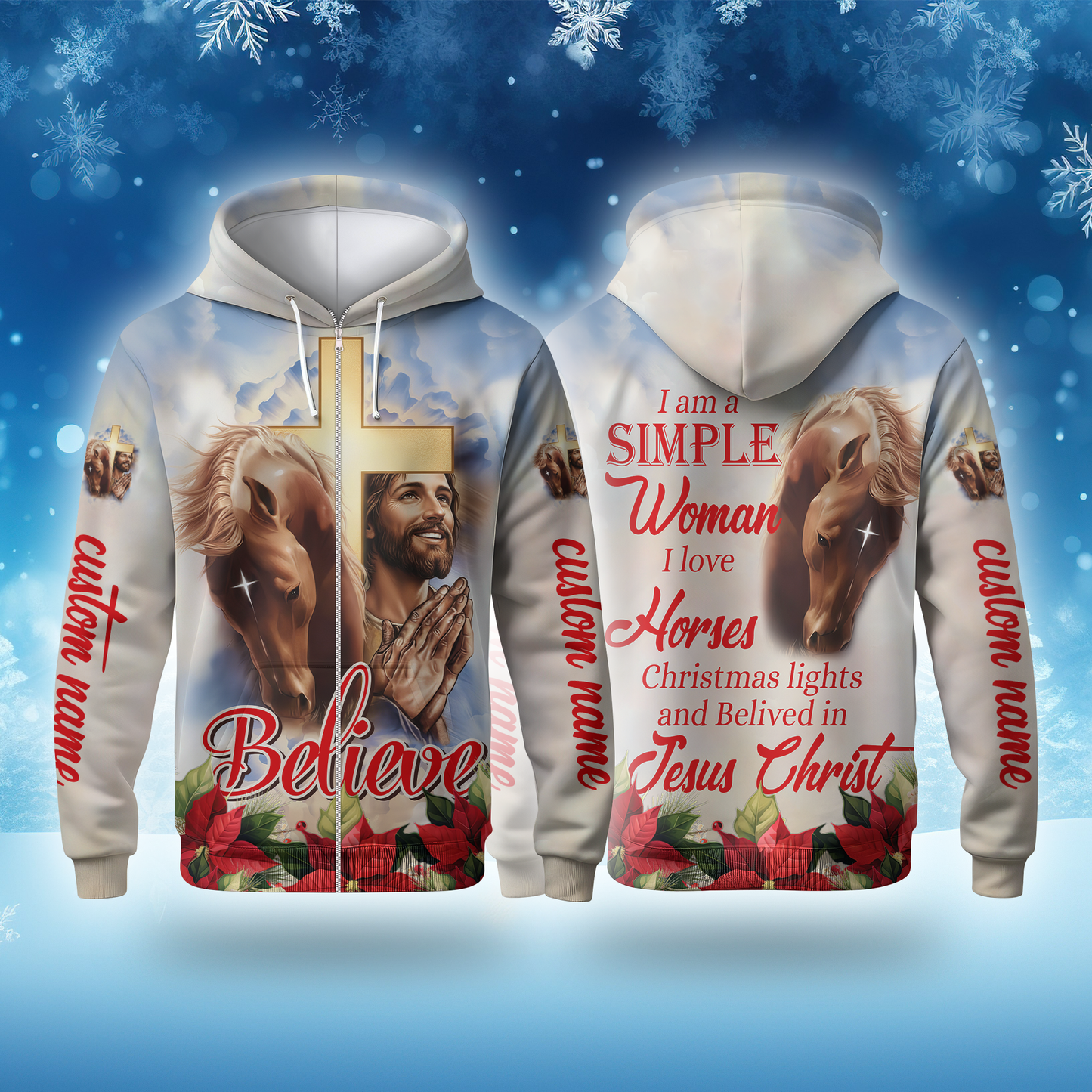 Christian Hoodie – I’m a Simple Woman Who Loves Horses and Jesus, Believe Zip Up, Christmas Faith Apparel