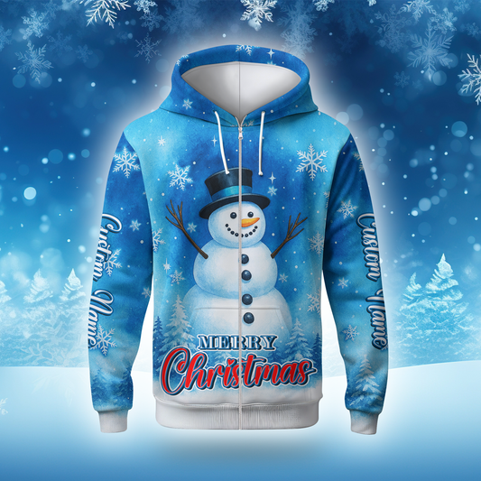 Merry Christmas Snowman Hoodie – Cute Blue Winter Zip Up