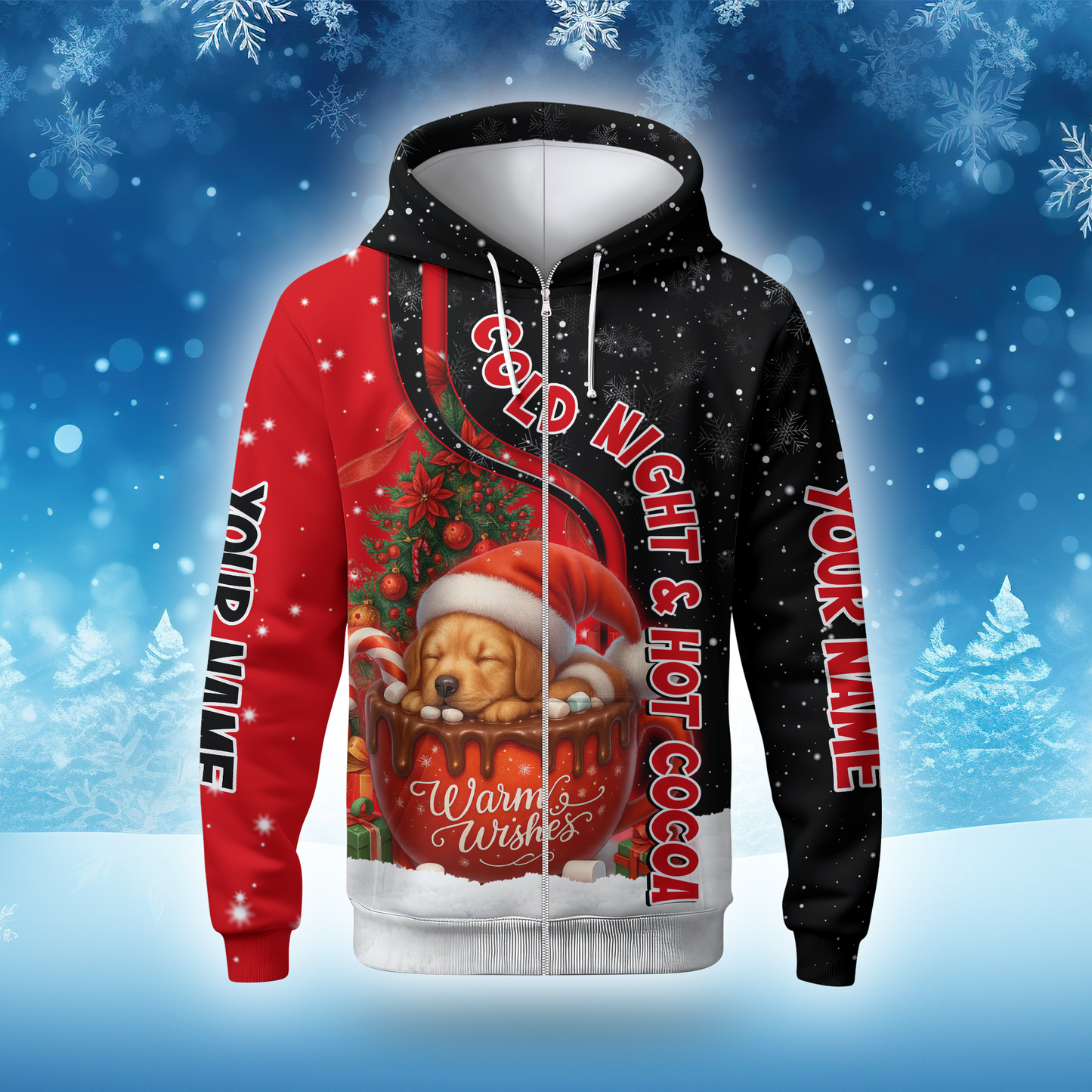 Personalized Hot Cocoa Hoodie – Cold Night Warm Wishes Christmas Zip Up