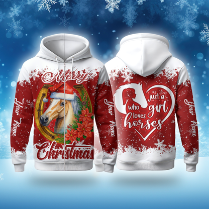 Just a Girl Who Loves Horses Christmas Hoodie – Merry Horse Lover Zip Up Sweatshirt