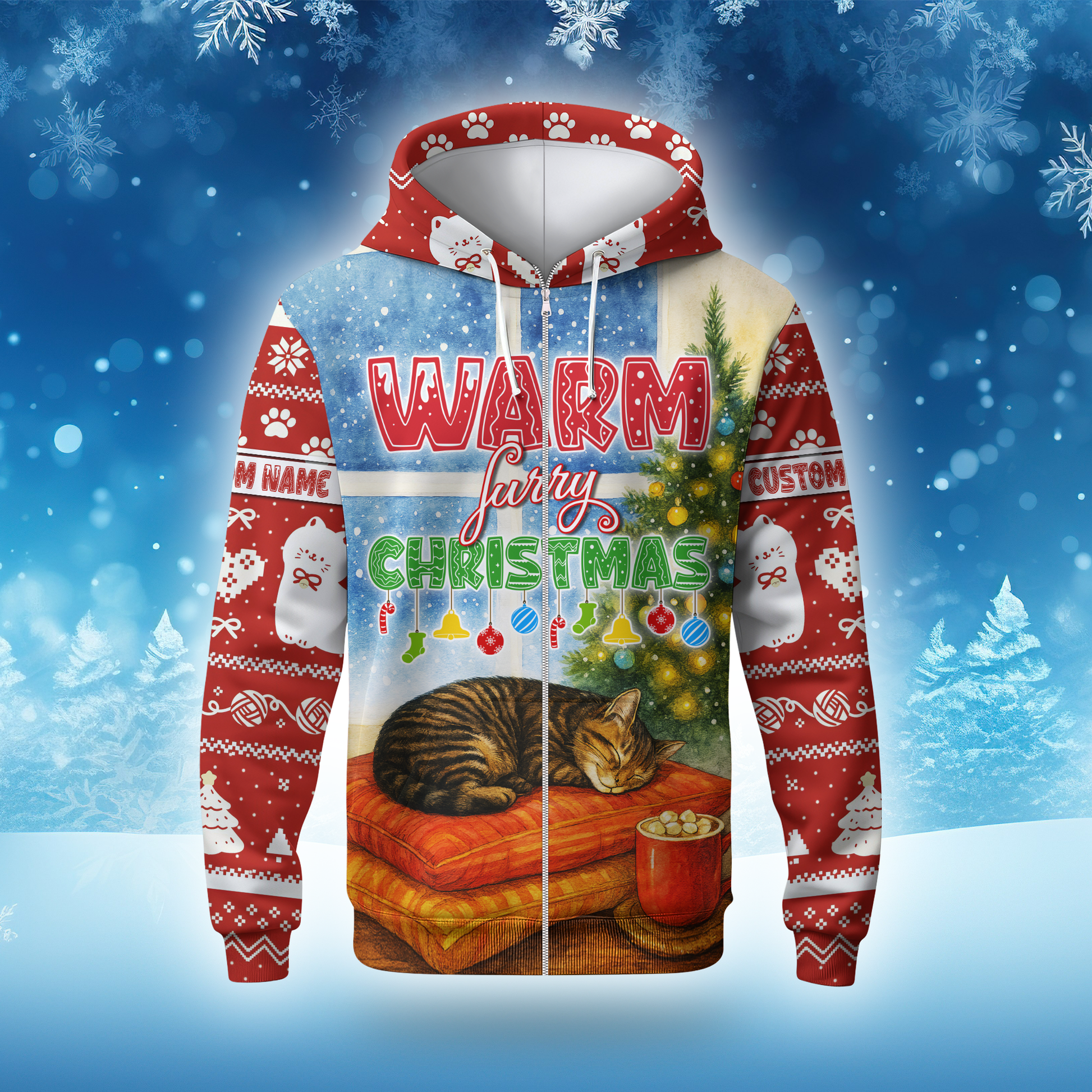 Warm Furry Christmas Hoodie – Cute Cat Lover Zip Up, Personalized Holiday Gift, Custom Choo