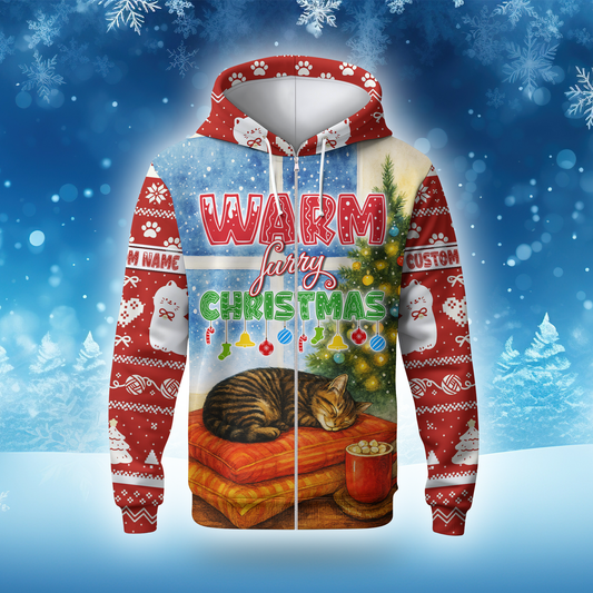 Warm Furry Christmas Hoodie – Cute Cat Lover Zip Up, Personalized Holiday Gift, Custom Choo