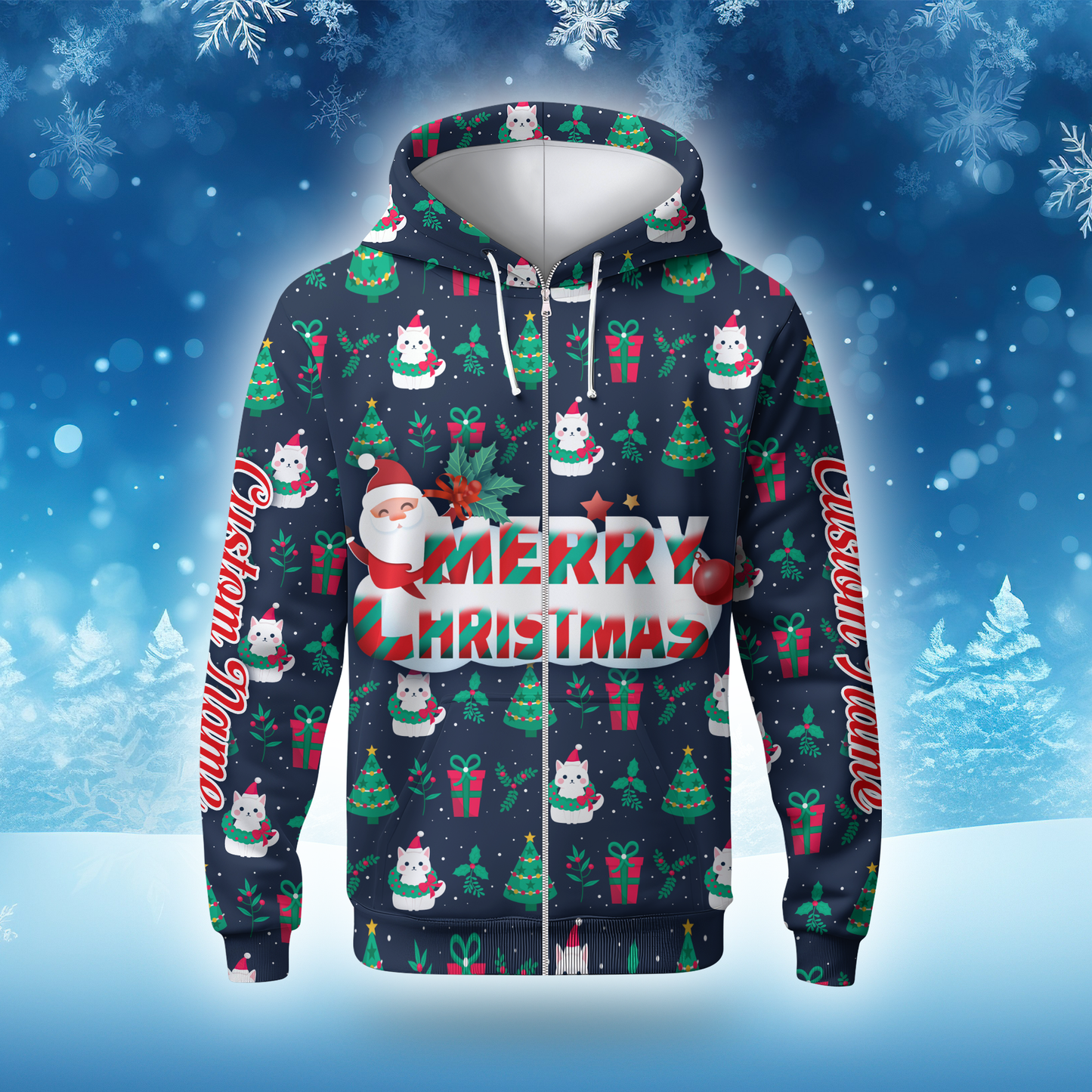 Merry Christmas Hoodie – Cute Holiday Zip Up with Santa and Gifts