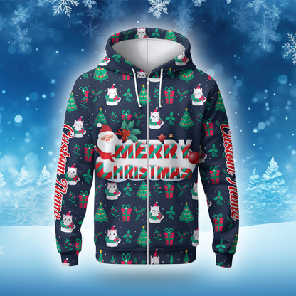 Merry Christmas Hoodie – Cute Holiday Zip Up with Santa and Gifts