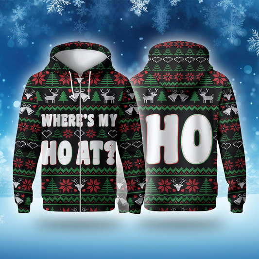Funny Christmas Hoodie – Where’s My Ho At, Ugly Sweater Style Zip Up, Holiday Party Hoodie Gift for Men Women