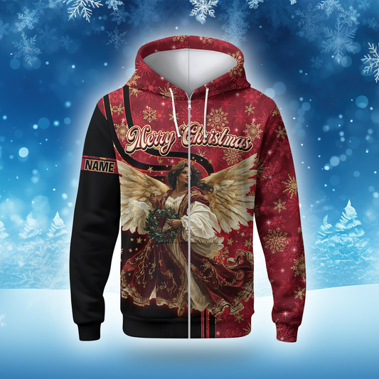 Christmas Angel Hoodie – Merry Christmas Zip Up, Elegant Angel Wings Holiday Sweater
