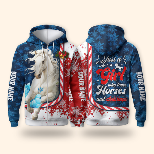 Just a Girl Who Loves Horses and Christmas Hoodie – Personalized Horse Lover Zip Up Gift, Custom Choo