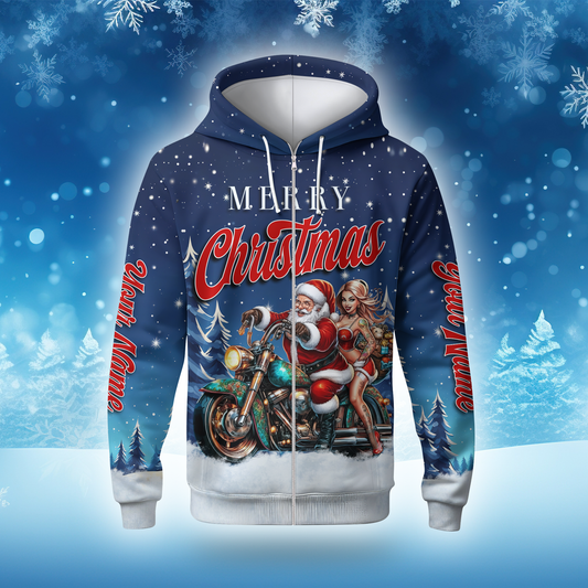Santa Biker Christmas Hoodie – Merry Christmas Motorcycle Hoodie, Personalized Name Gift
