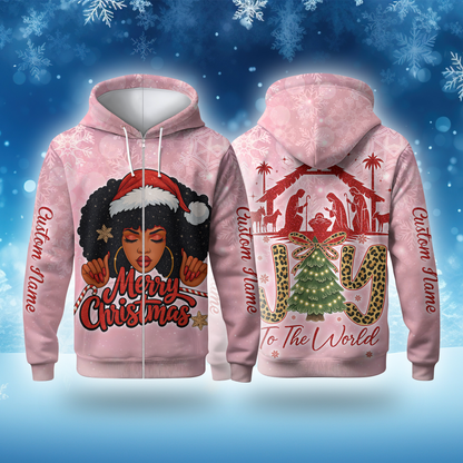 Christian Christmas Hoodie – Joy To The World, Black Girl Santa Zip Up, Custom Name Holiday Hoodie