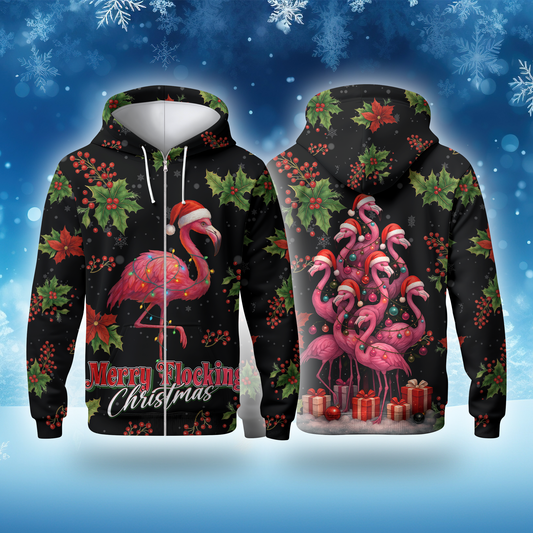 Merry Flocking Christmas Hoodie – Funny Flamingo Holiday Zip Up