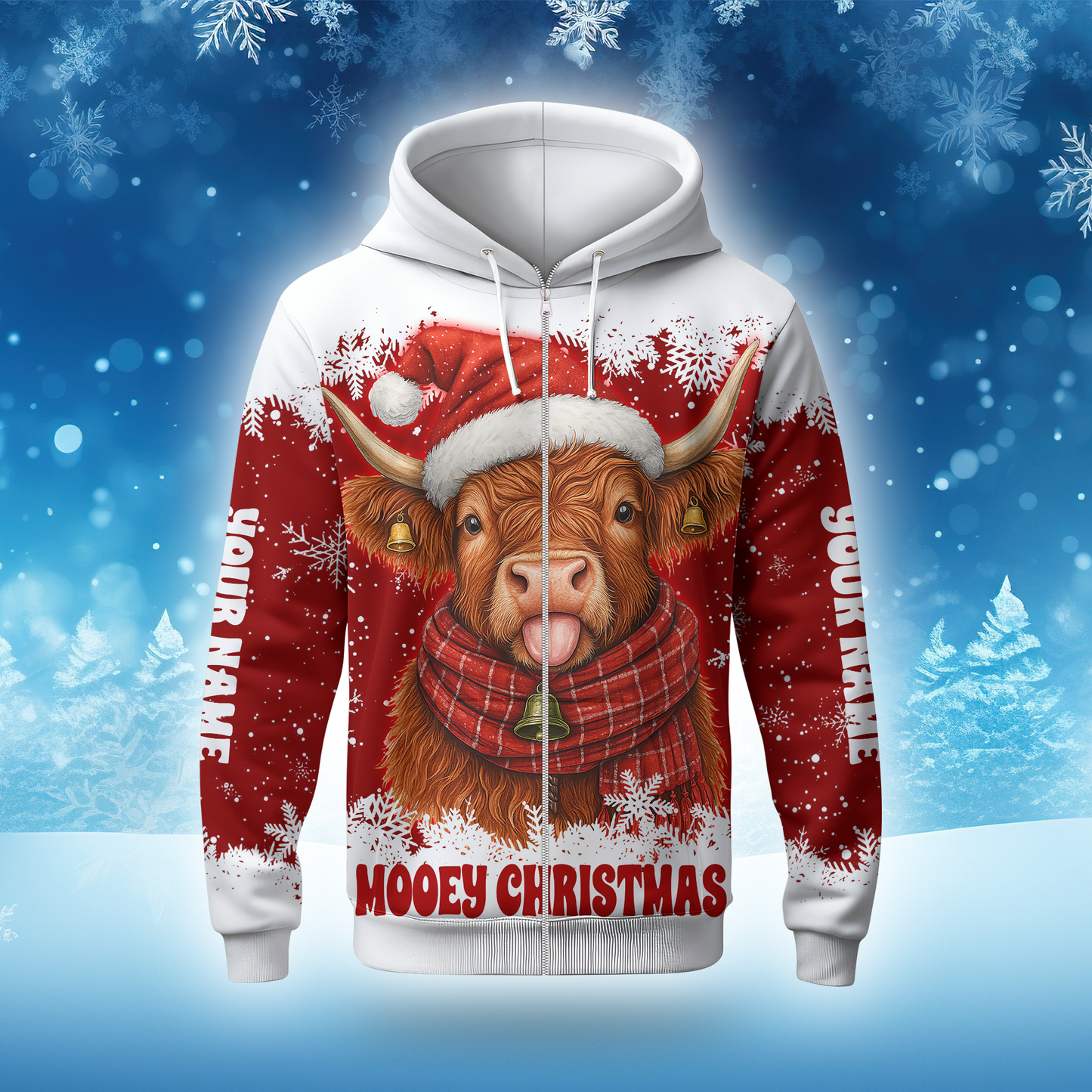 Custom Name Mooey Christmas Hoodie – Funny Highland Cow Zip Up, Red Holiday Hoodie Gift Idea