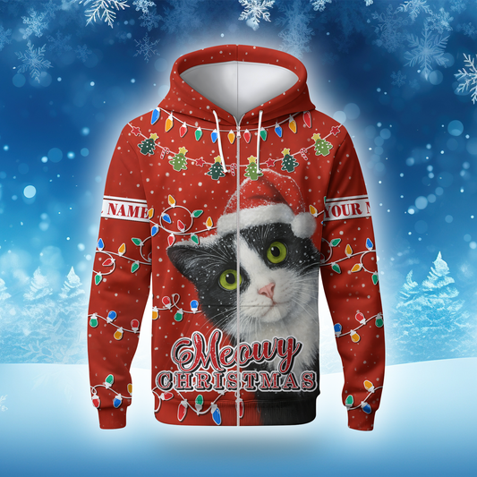 Personalized Cat Christmas Hoodie – Meowy Christmas Zip Up, Cute Holiday Gift for Cat Lovers, Custom Choo